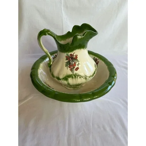 Vintage Iron Stone Wash Bowl/Basin and Vase/Pitcher Set White/Green